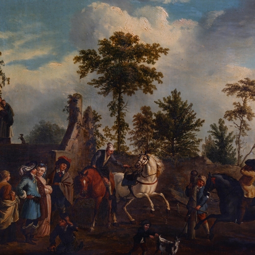 2091 - 18th/19th century oil on wood panel, horses and riders gathering outside a chateau, unsigned, indist... 