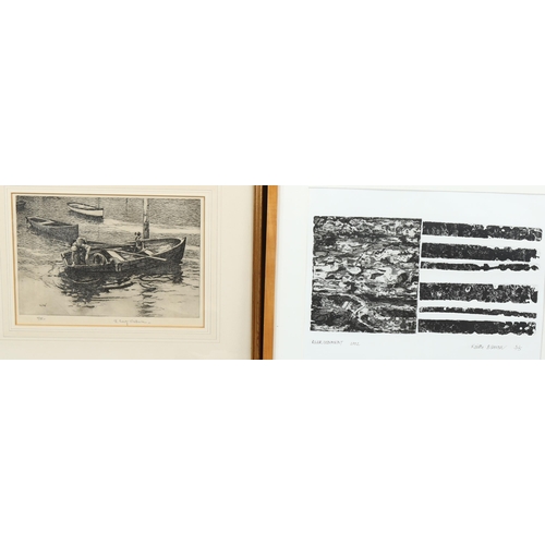 2092 - Robert Craig-Wallace, etching, boating scene, signed in pencil, plate 20cm x 30cm, and Keith Barrell... 