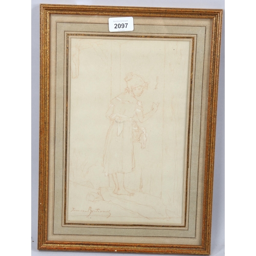 2097 - James Bertrand, sanguine chalk drawing, girl at the door, signed, 30cm x 19cm, framed