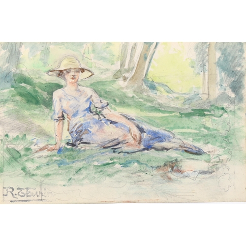 2098 - Early 20th century watercolour, figure in woodland, indistinctly signed, 15cm x 23cm, framed