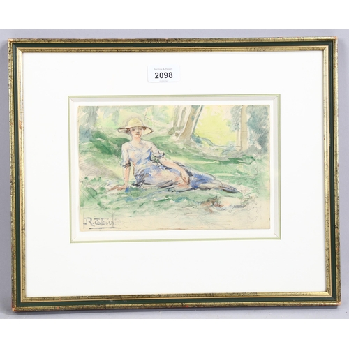 2098 - Early 20th century watercolour, figure in woodland, indistinctly signed, 15cm x 23cm, framed