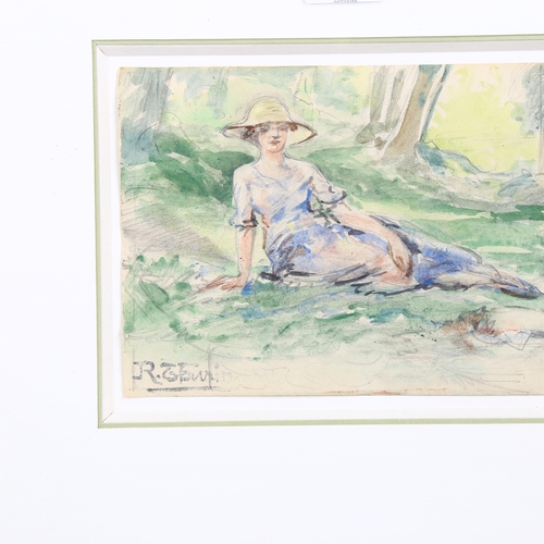 2098 - Early 20th century watercolour, figure in woodland, indistinctly signed, 15cm x 23cm, framed