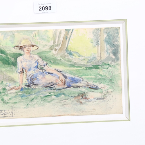 2098 - Early 20th century watercolour, figure in woodland, indistinctly signed, 15cm x 23cm, framed