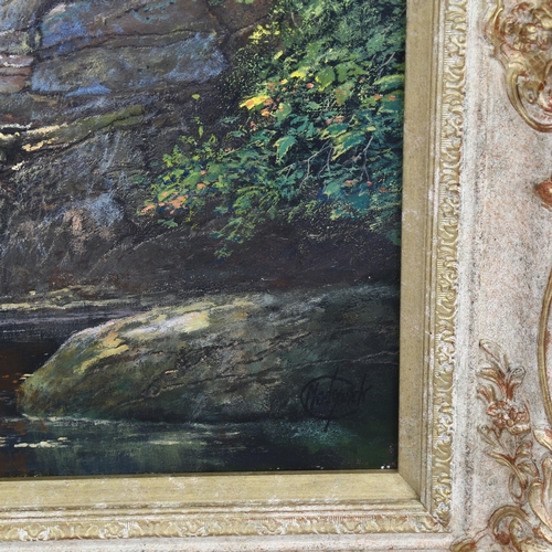 2102 - Clive Madgwick, oil on canvas, the waterfall, signed with monogram, 51cm x 76cm, framed