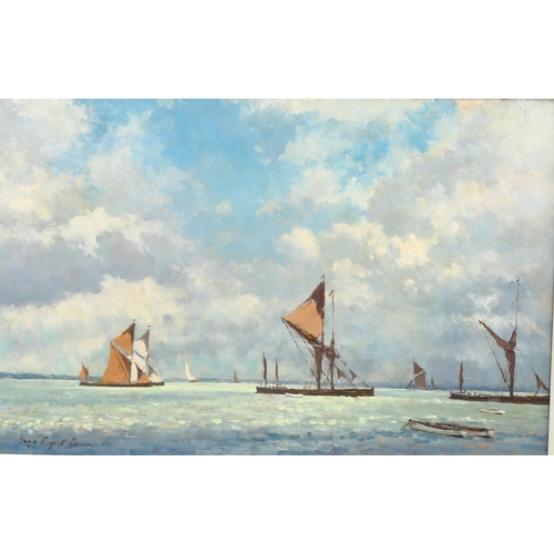 2103 - Hugh Boycott Brown, oil on board, cloudy morning Medway, signed with Exhibition label verso, 51cm x ... 