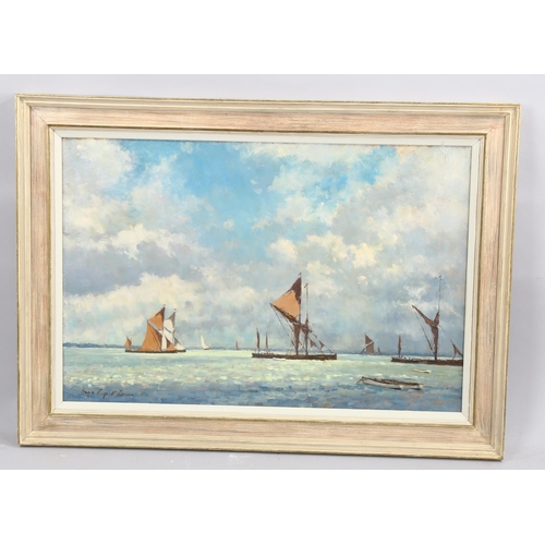 2103 - Hugh Boycott Brown, oil on board, cloudy morning Medway, signed with Exhibition label verso, 51cm x ... 