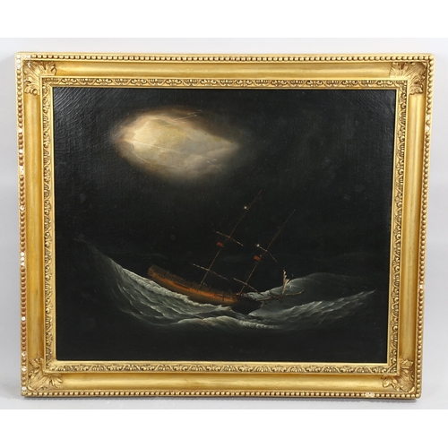 2104 - 18th/19th century oil on canvas, shipwreck in a storm by moonlight, indistinctly signed, 63cm x 76cm... 