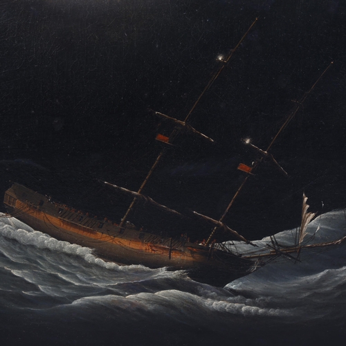 2104 - 18th/19th century oil on canvas, shipwreck in a storm by moonlight, indistinctly signed, 63cm x 76cm... 