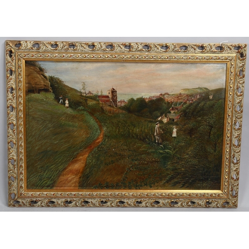 2110 - 19th century oil on canvas, children blackberry picking Hastings, unsigned, 41cm x 61cm, framed