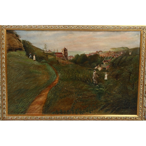 2110 - 19th century oil on canvas, children blackberry picking Hastings, unsigned, 41cm x 61cm, framed