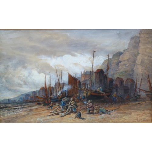 2111 - 2 x 19th century watercolours, Hastings beach scenes, unsigned, largest 20cm x 32cm, framed