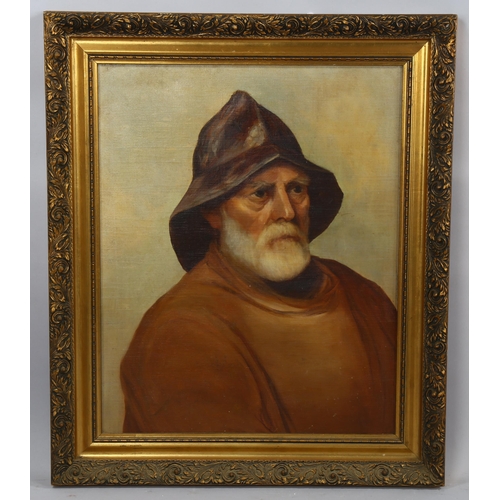 2112 - Early 20th century oil on canvas, portrait of a fisherman, unsigned, 57cm x 46cm, framed