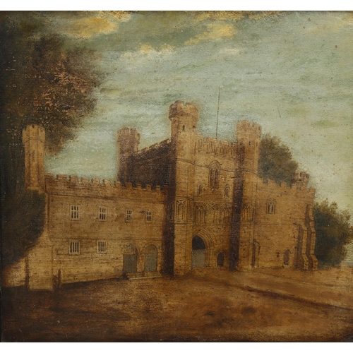 2113 - 18th/19th century, oil on board, view of Battle Abbey, unsigned, 50cm x 54cm, framed