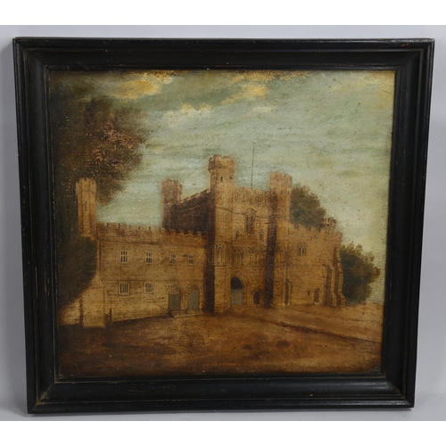 2113 - 18th/19th century, oil on board, view of Battle Abbey, unsigned, 50cm x 54cm, framed