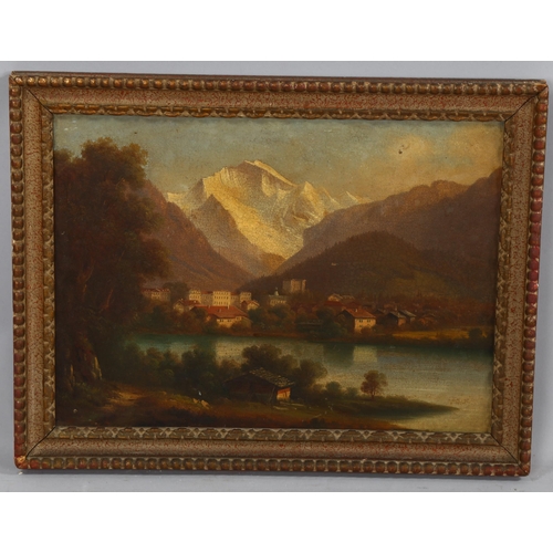 2114 - 19th century European School, oil on board, Continental lake scene, unsigned, 27cm x 37cm, framed