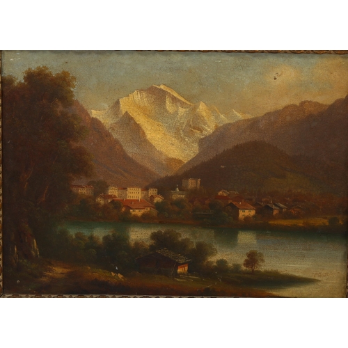 2114 - 19th century European School, oil on board, Continental lake scene, unsigned, 27cm x 37cm, framed