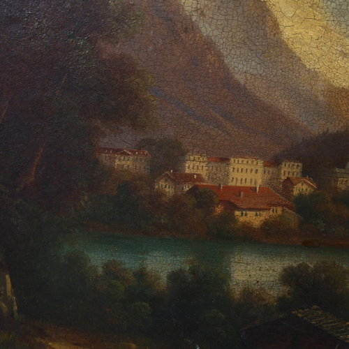 2114 - 19th century European School, oil on board, Continental lake scene, unsigned, 27cm x 37cm, framed