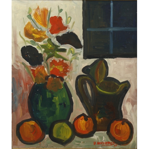 2118 - J Hochepied (French), oil on canvas, abstract still life, 1967, signed, 65cm x 55cm, framed