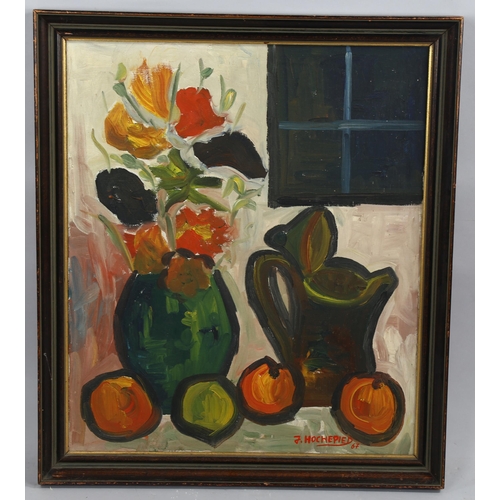 2118 - J Hochepied (French), oil on canvas, abstract still life, 1967, signed, 65cm x 55cm, framed