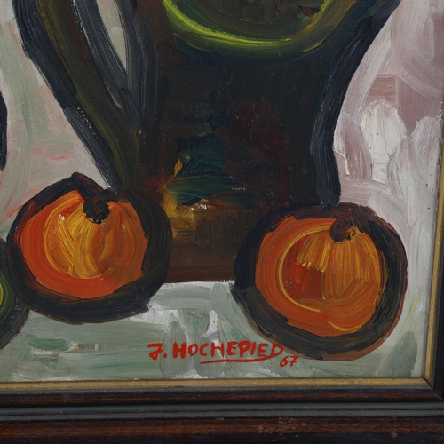 2118 - J Hochepied (French), oil on canvas, abstract still life, 1967, signed, 65cm x 55cm, framed