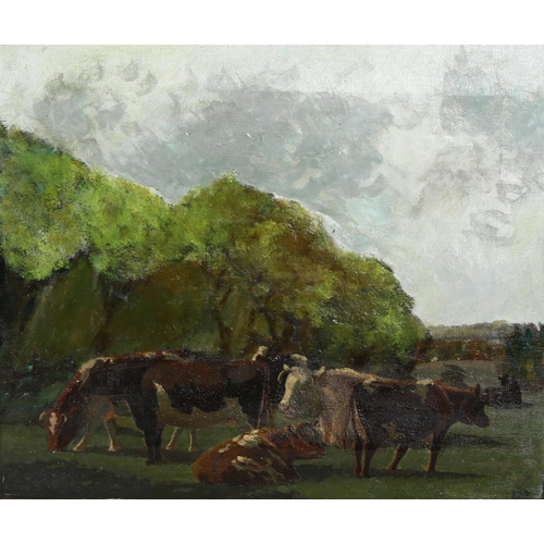 2121 - Early 20th century oil on canvas, cattle in meadow, signed with monogram, 35cm x 40cm, framed