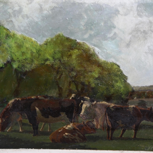 2121 - Early 20th century oil on canvas, cattle in meadow, signed with monogram, 35cm x 40cm, framed