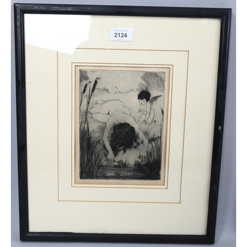 2124 - Alexander Simpson, etching, naked figure and cherub, unsigned, plate 20cm x 15cm, framed