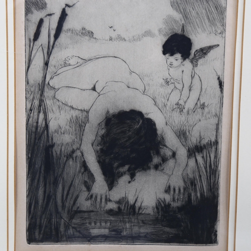 2124 - Alexander Simpson, etching, naked figure and cherub, unsigned, plate 20cm x 15cm, framed