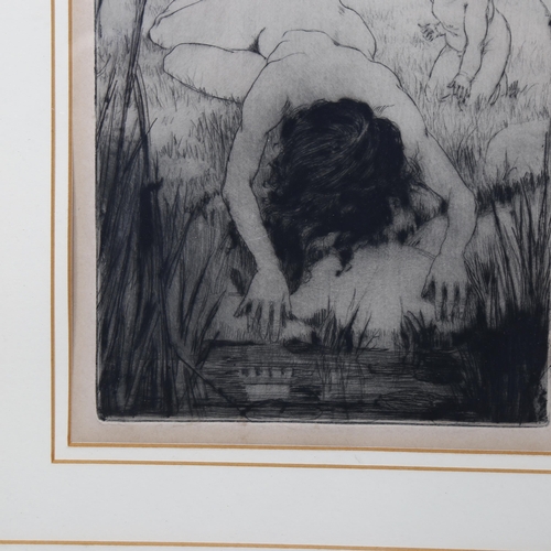 2124 - Alexander Simpson, etching, naked figure and cherub, unsigned, plate 20cm x 15cm, framed