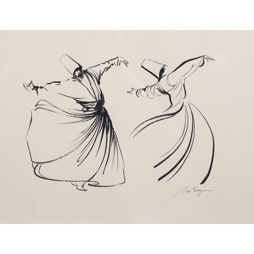 2126 - Turkish School, pen and ink sketch, whirling dervishes, indistinctly signed, 15cm x 24cm, framed