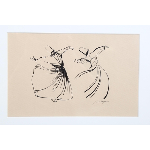 2126 - Turkish School, pen and ink sketch, whirling dervishes, indistinctly signed, 15cm x 24cm, framed