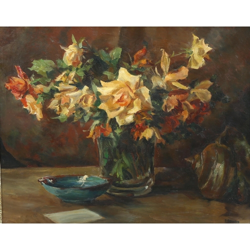 2128 - P Gannard, oil on canvas, still life, 38cm x 46cm, framed