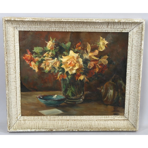 2128 - P Gannard, oil on canvas, still life, 38cm x 46cm, framed