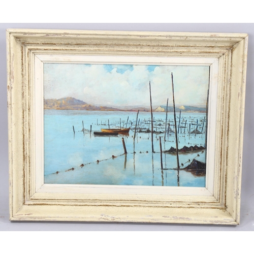 2130 - 19th/20th century oil on board, Continental fishing village, unsigned, 32cm x 40cm, framed