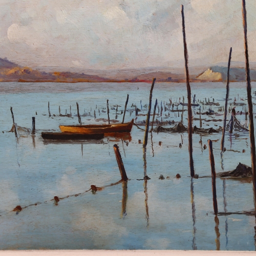 2130 - 19th/20th century oil on board, Continental fishing village, unsigned, 32cm x 40cm, framed