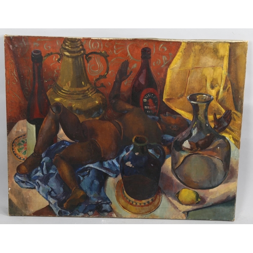 2137 - Bloomsbury School, early to mid-20th century oil on canvas, still life study, unsigned, 71cm x 91cm,... 