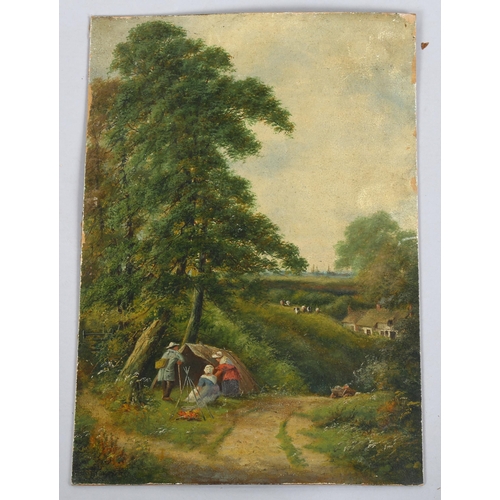 2142 - 19th century oil on board, a gypsy encampment, indistinctly signed, 41cm x 28cm, unframed