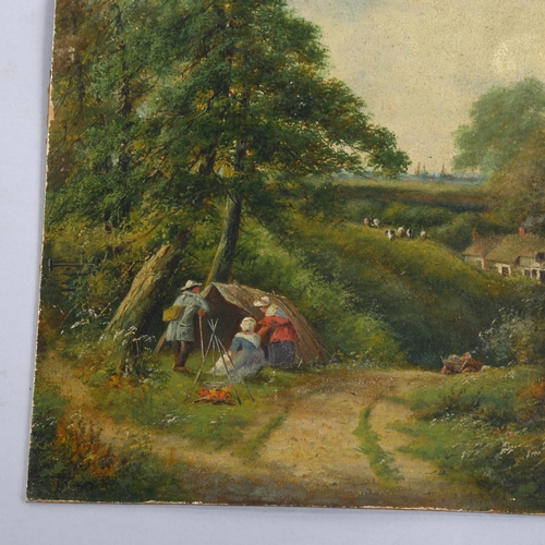 2142 - 19th century oil on board, a gypsy encampment, indistinctly signed, 41cm x 28cm, unframed