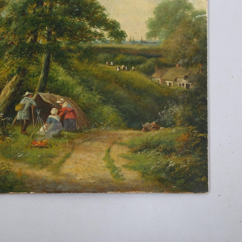 2142 - 19th century oil on board, a gypsy encampment, indistinctly signed, 41cm x 28cm, unframed