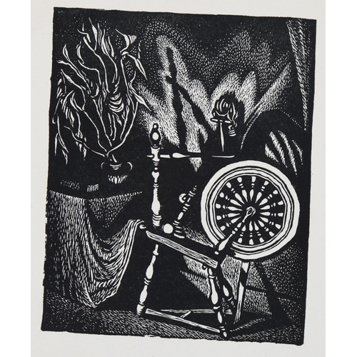 2144 - Wanda Gag (American, 1893 - 1946), wood engraving, spinning wheel, circa 1930, image 12cm x 9cm, mou... 