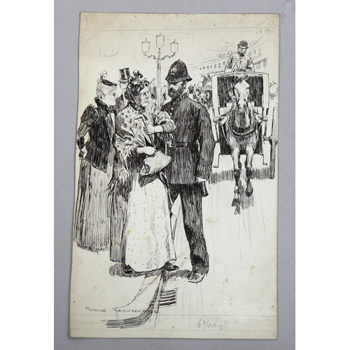 2145 - Maurice Greiffenhagen (1862 - 1931), pen and ink drawing, policeman arresting a woman, possibly a Su... 