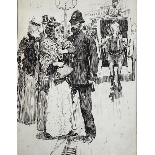 2145 - Maurice Greiffenhagen (1862 - 1931), pen and ink drawing, policeman arresting a woman, possibly a Su... 