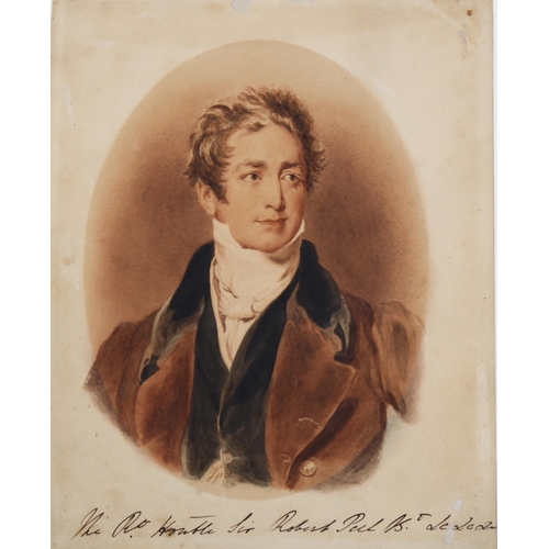 2153 - 19th century watercolour, portrait of Sir Robert Peel, unsigned, sheet size 24cm x 19cm, mounted