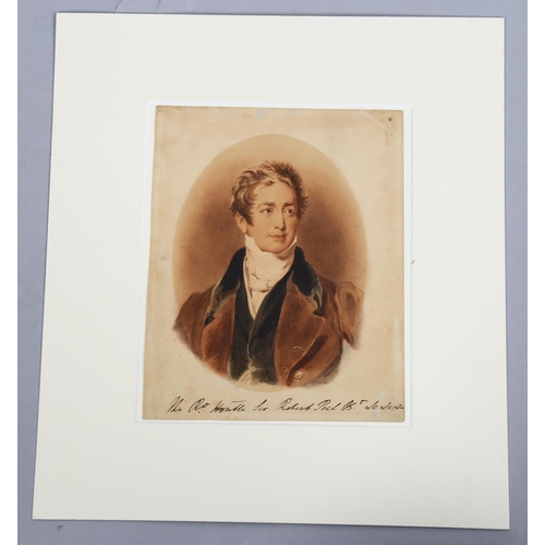 2153 - 19th century watercolour, portrait of Sir Robert Peel, unsigned, sheet size 24cm x 19cm, mounted