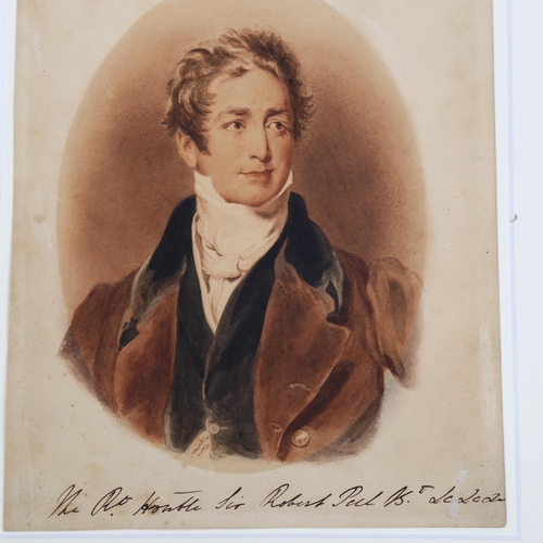 2153 - 19th century watercolour, portrait of Sir Robert Peel, unsigned, sheet size 24cm x 19cm, mounted