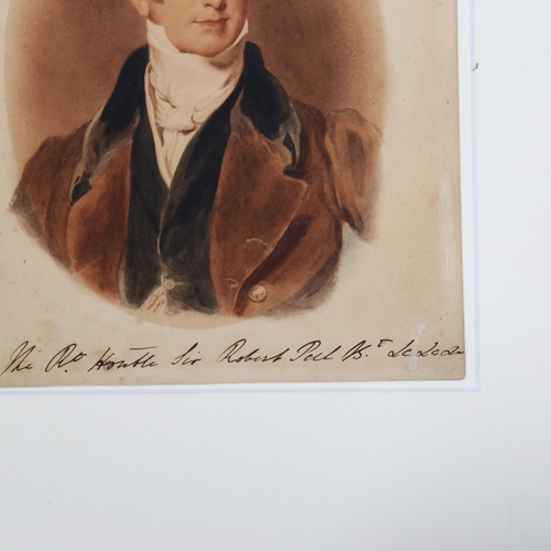 2153 - 19th century watercolour, portrait of Sir Robert Peel, unsigned, sheet size 24cm x 19cm, mounted