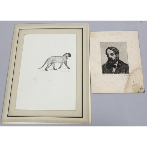 2157 - Steinlen (1859 - 1923), charcoal study of a cat, signed, 27cm x 19cm, together with a portrait engra... 