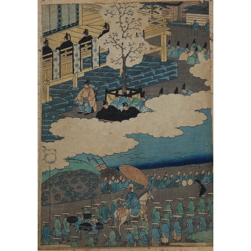 2160 - Hiroshige II (1826 - 1869), woodblock print, Lord Minamoto marching, image 35cm x 24cm, and Toshinob... 