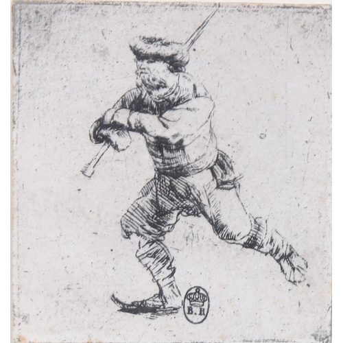 2162 - After Rembrandt, engraving, ice skating, 6cm x 5.5cm, framed