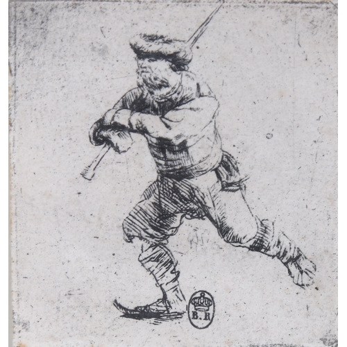 2162 - After Rembrandt, engraving, ice skating, 6cm x 5.5cm, framed